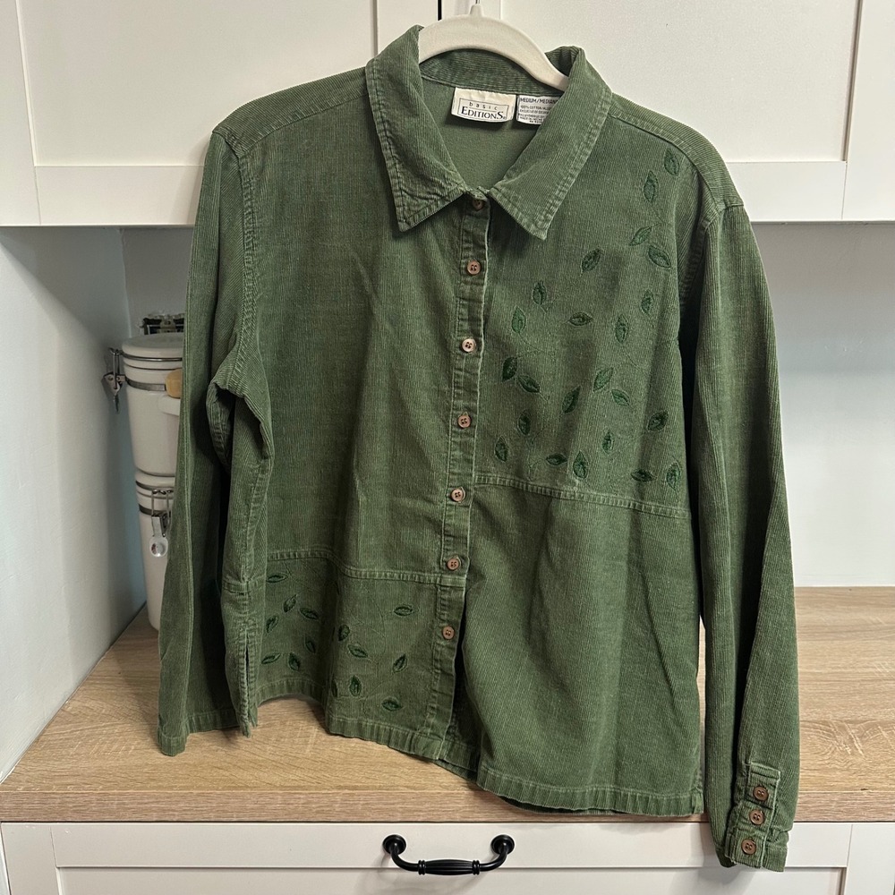 Vintage Corduroy Button Down Shirt Womens M Green Embroidered Leaf Fall Teacher